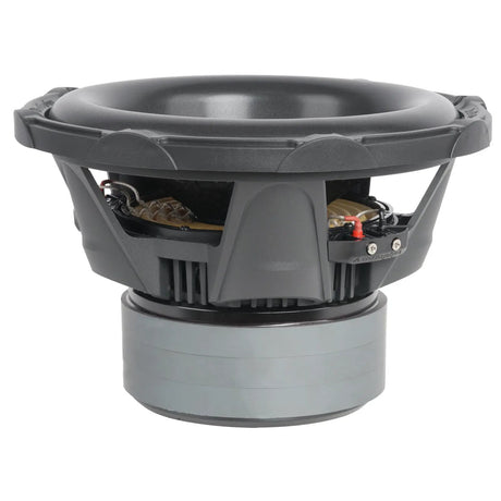 Subwoofer, upper angled view showing the black cone, basket and terminals