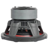 Subwoofer rear-side view showing the stacked motor, basket and terminal leads