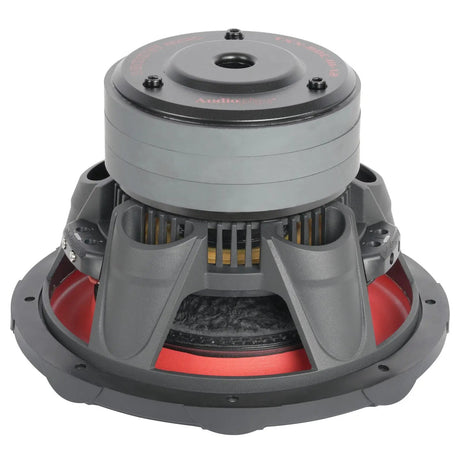 Rear view of an Audiopipe subwoofer showing magnet vent, basket ribs and red underside