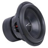 Angled front view of an Audiopipe subwoofer with a broad surround and logo on its center cap