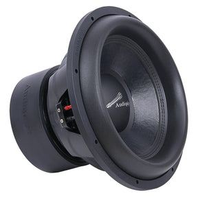 Angled front view of an Audiopipe subwoofer with a broad surround and logo on its center cap