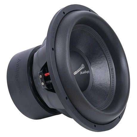 Angled front view of an Audiopipe subwoofer with a broad surround and logo on its center cap