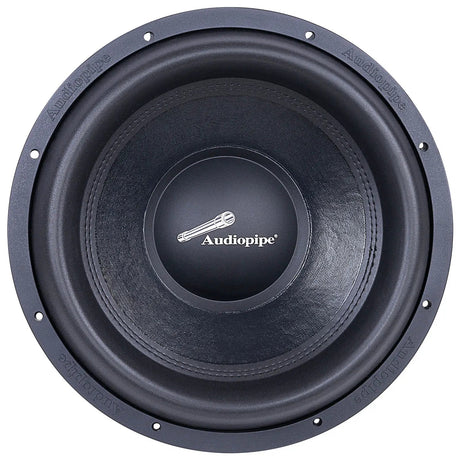 Front view of a black Audiopipe subwoofer with a stitched surround and logo center cap
