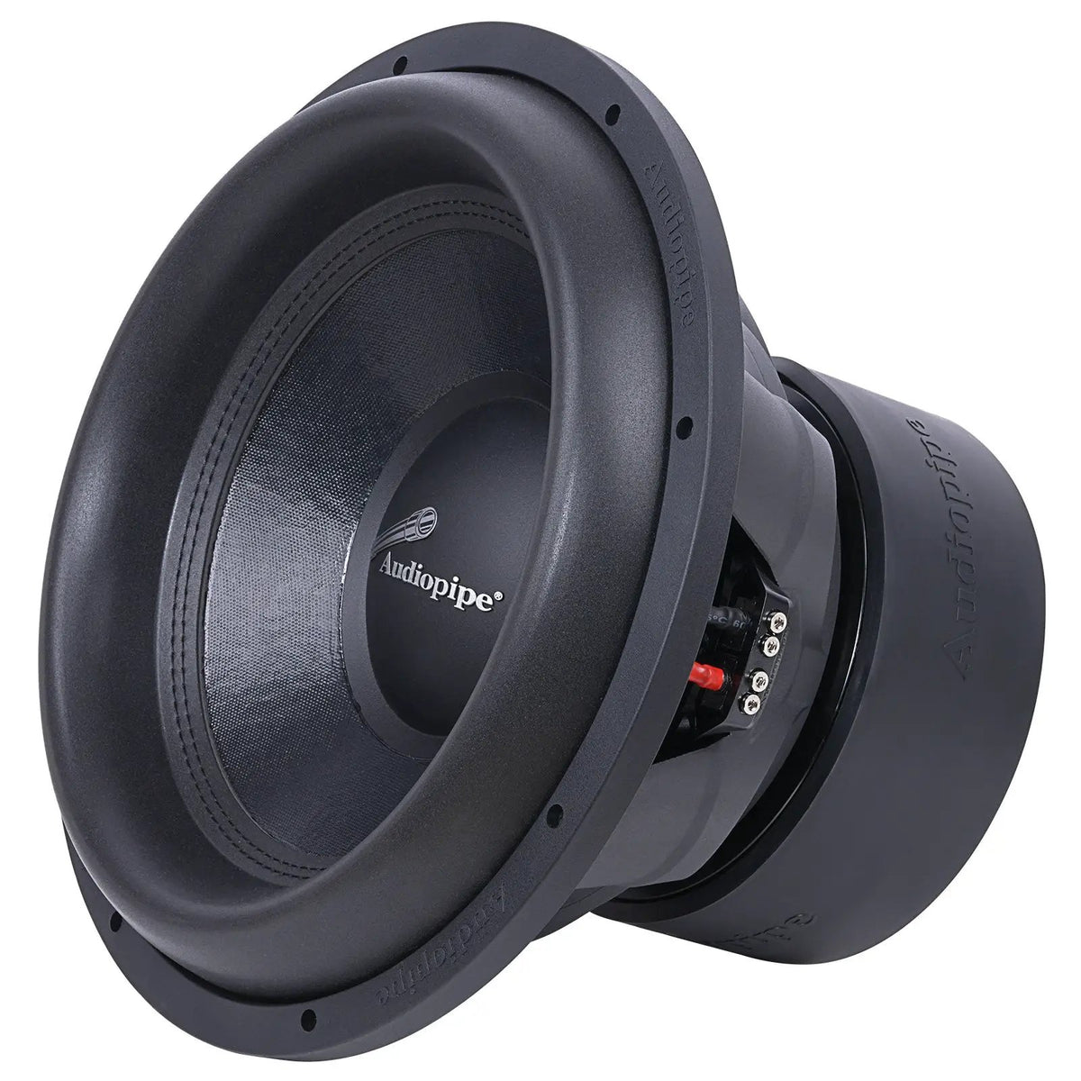 Opposite front angle of an Audiopipe subwoofer showing its broad surround, basket and side terminals