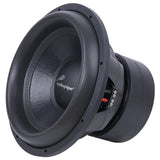 Opposite front angle of an Audiopipe subwoofer showing its broad surround, basket and side terminals