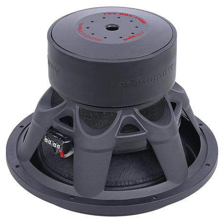 Rear of Audiopipe subwoofer with large gray magnet, open basket and terminals