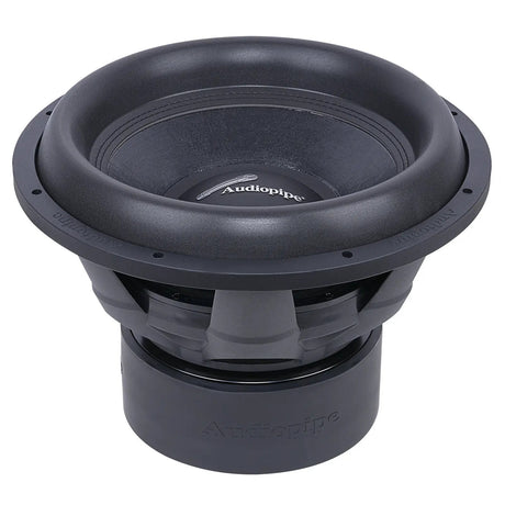 Audiopipe subwoofer with a broad black surround, upper angled view