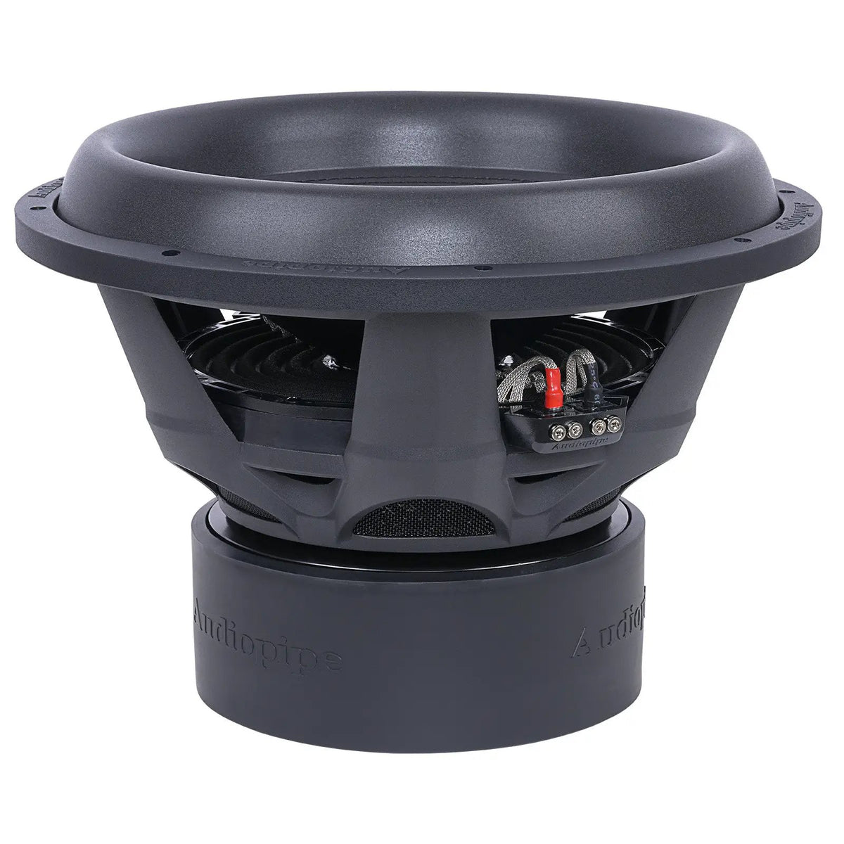 Audiopipe competition subwoofer side view showing its deep surround, basket, terminals and magnet