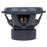 Side view of an Audiopipe subwoofer showing its deep basket, magnet cover and red-and-black terminals