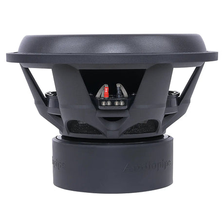 Side view of an Audiopipe subwoofer showing its deep basket, magnet cover and red-and-black terminals