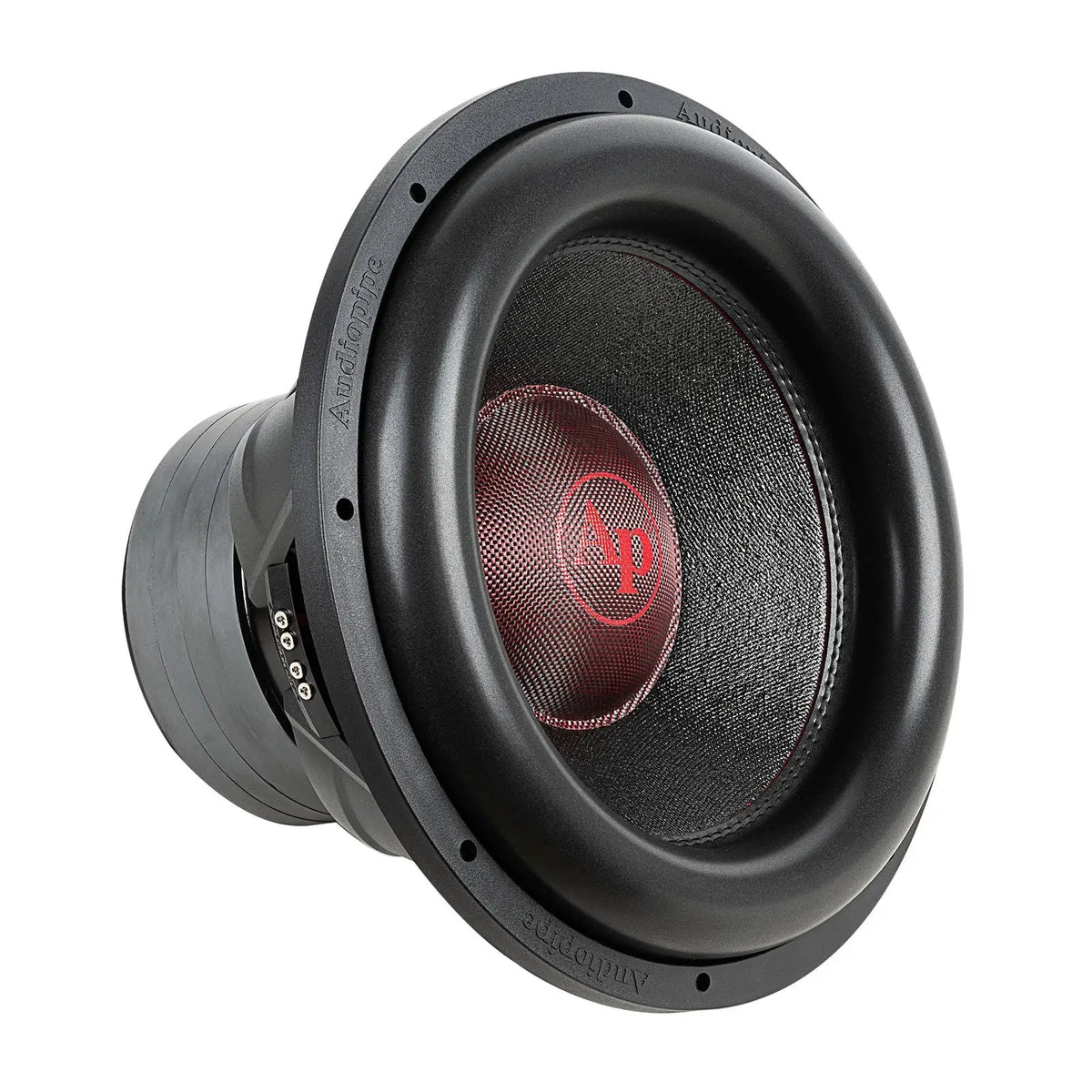 Audiopipe subwoofer at an angle showing a black woven cone, red AP logo and stacked magnets