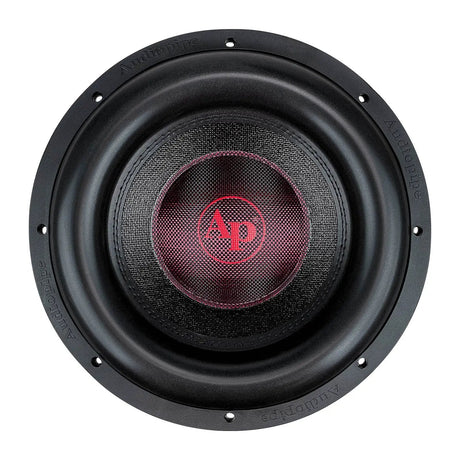 Front of an Audiopipe subwoofer with a black cone, broad surround and red center logo