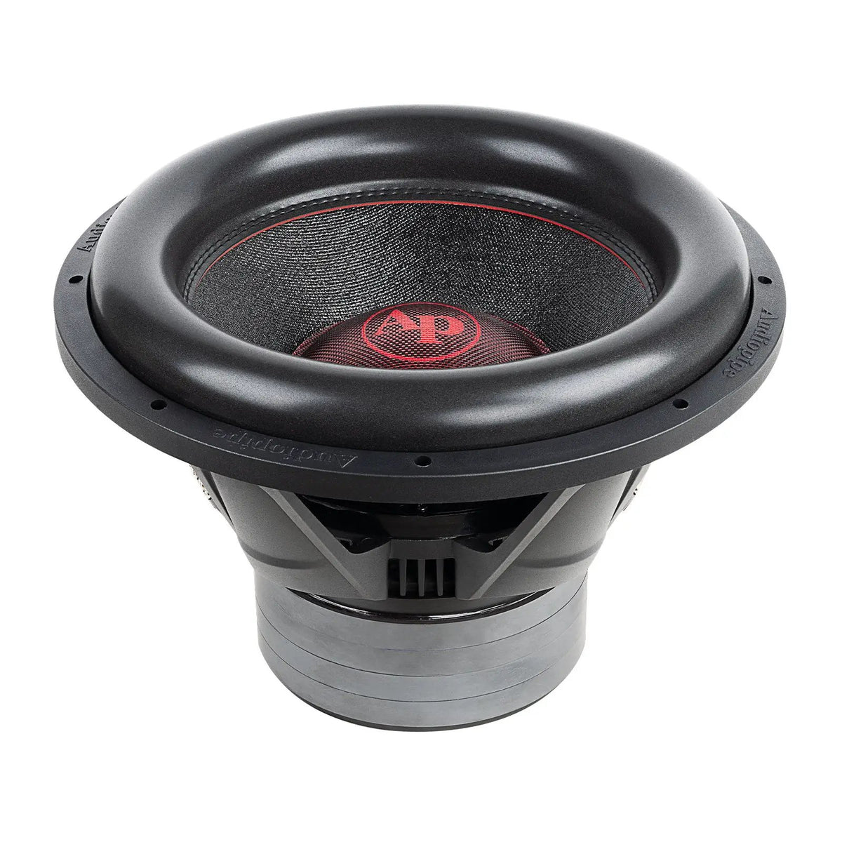 Angled front view of an Audiopipe subwoofer with a red logo, broad black surround and stacked gray magnet