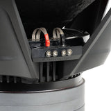 Close-up of an Audiopipe subwoofer terminal block with four screw connections and braided leads
