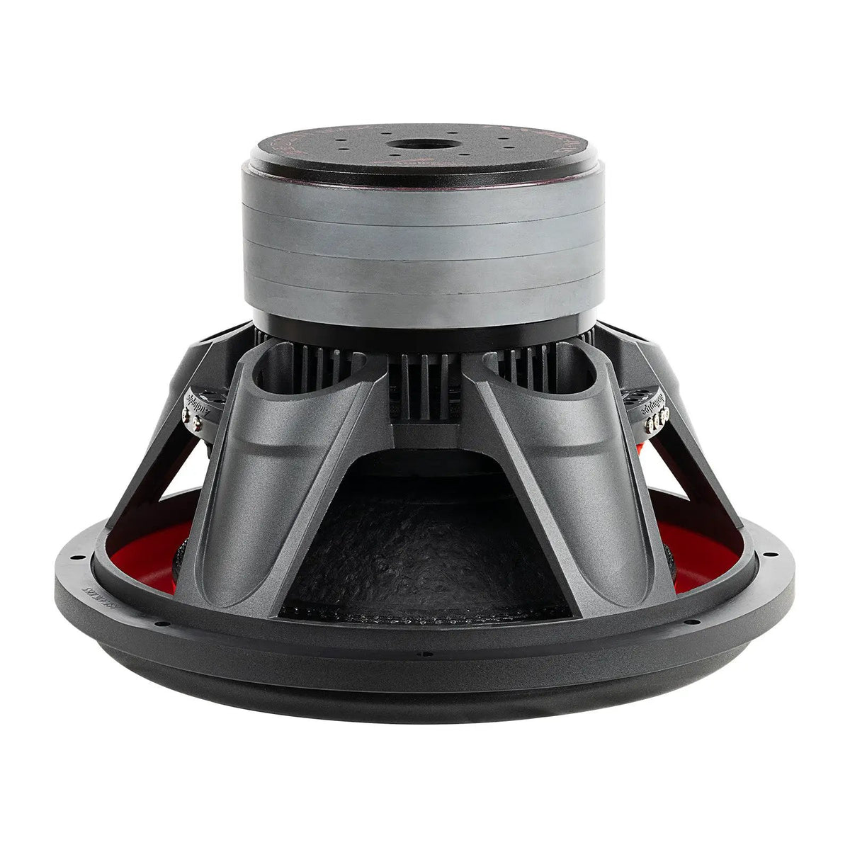 Inverted side view of an Audiopipe subwoofer showing its stacked magnet, basket openings and red inner rim