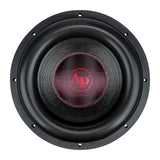Front view of an Audiopipe subwoofer with a black woven cone, red AP logo and broad surround