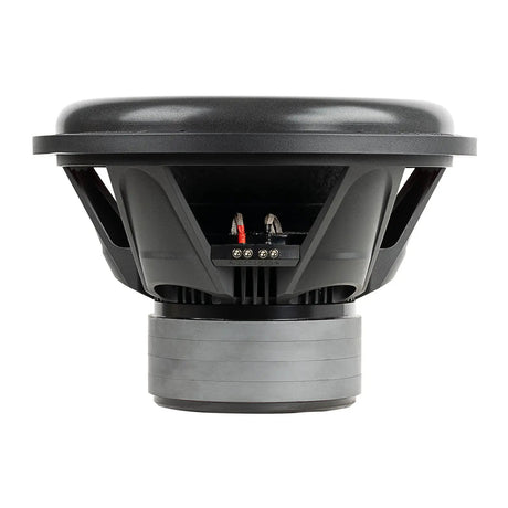 Subwoofer side view showing the open black basket, terminal block and stacked gray magnet