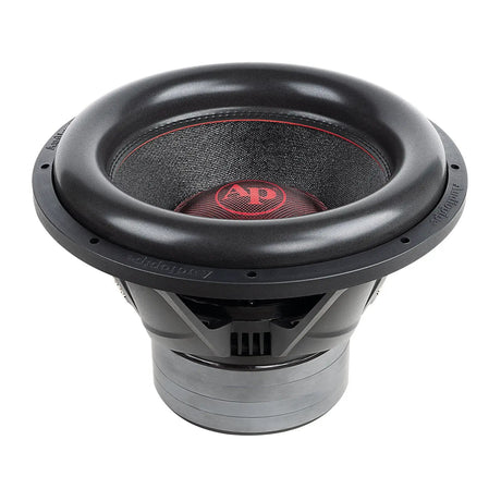 Audiopipe subwoofer with a red logo, broad black surround and stacked motor
