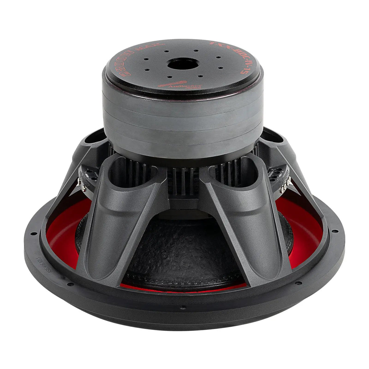 Inverted Audiopipe subwoofer showing its stacked magnets, black basket and red suspension