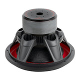 Inverted Audiopipe subwoofer showing its stacked magnets, black basket and red suspension