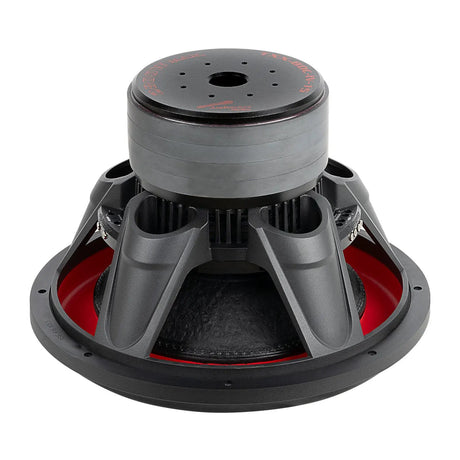 Inverted Audiopipe subwoofer showing its stacked magnets, black basket and red suspension