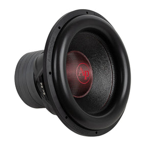 Audiopipe subwoofer with a red logo and broad black surround, angled view