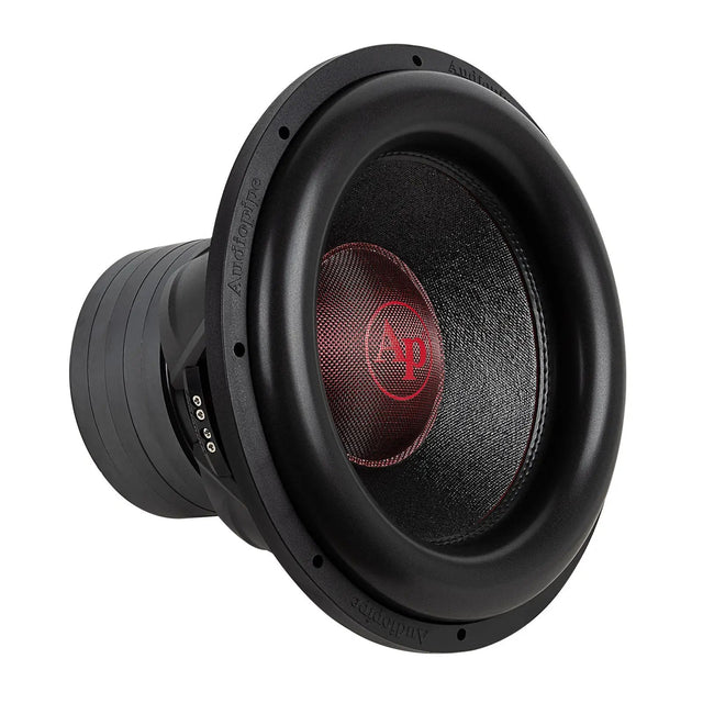 Audiopipe subwoofer with a red logo and broad black surround, angled view