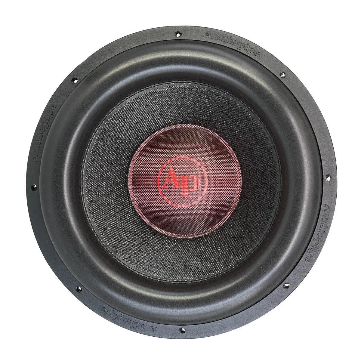 Audiopipe subwoofer with a black cone and red center logo, front view