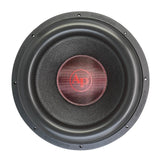 Audiopipe subwoofer with a black cone and red center logo, front view