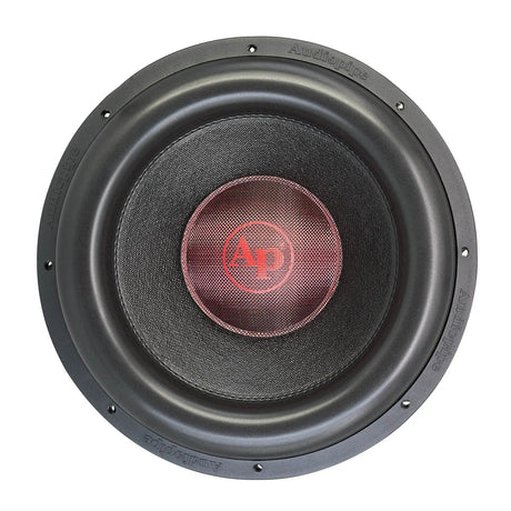 Audiopipe subwoofer with a black cone and red center logo, front view