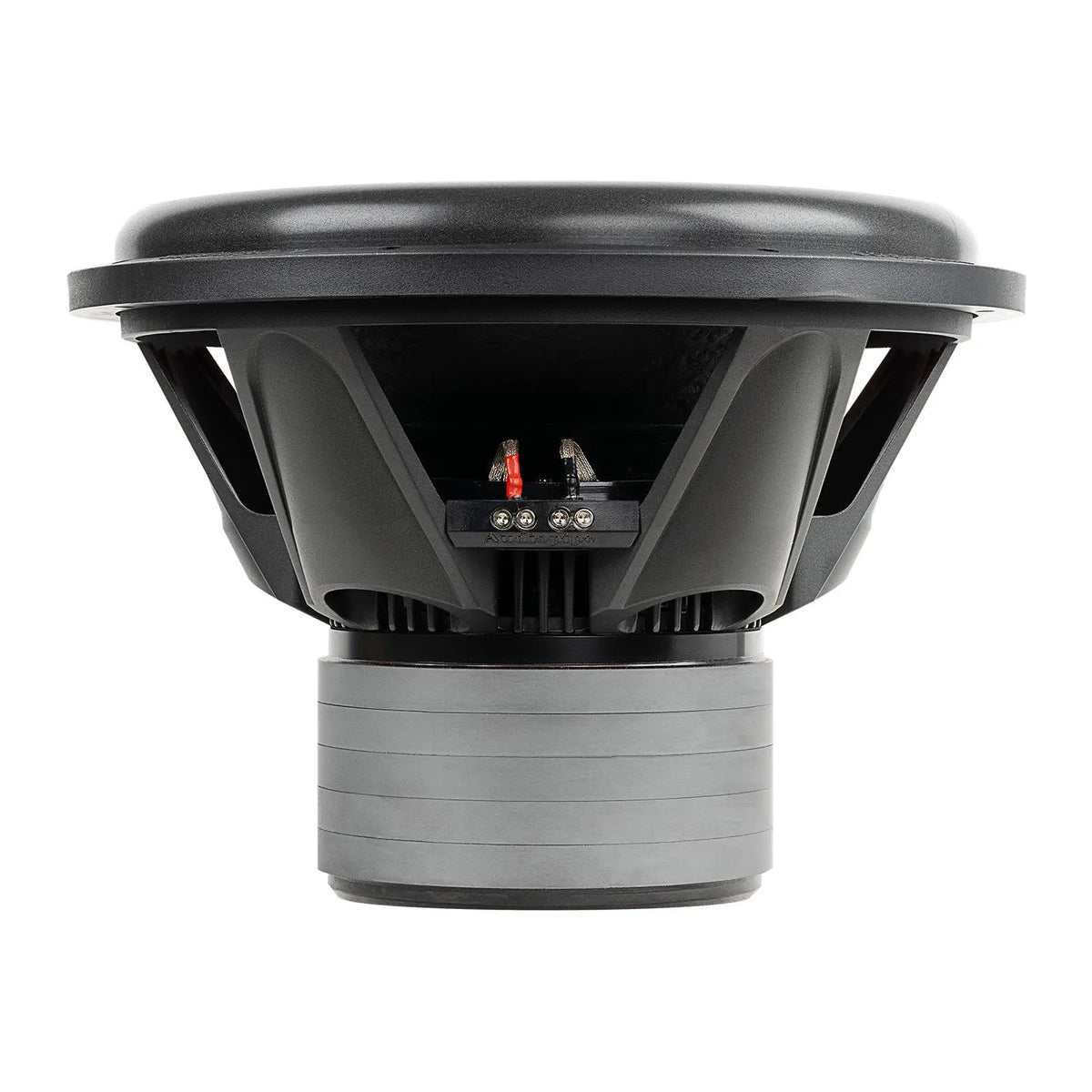 Side view of an Audiopipe subwoofer showing its black basket, terminal block and stacked gray magnet