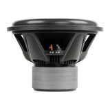 Side view of an Audiopipe subwoofer showing its black basket, terminal block and stacked gray magnet