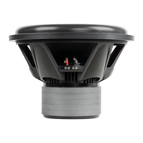 Side view of an Audiopipe subwoofer showing its black basket, terminal block and stacked gray magnet