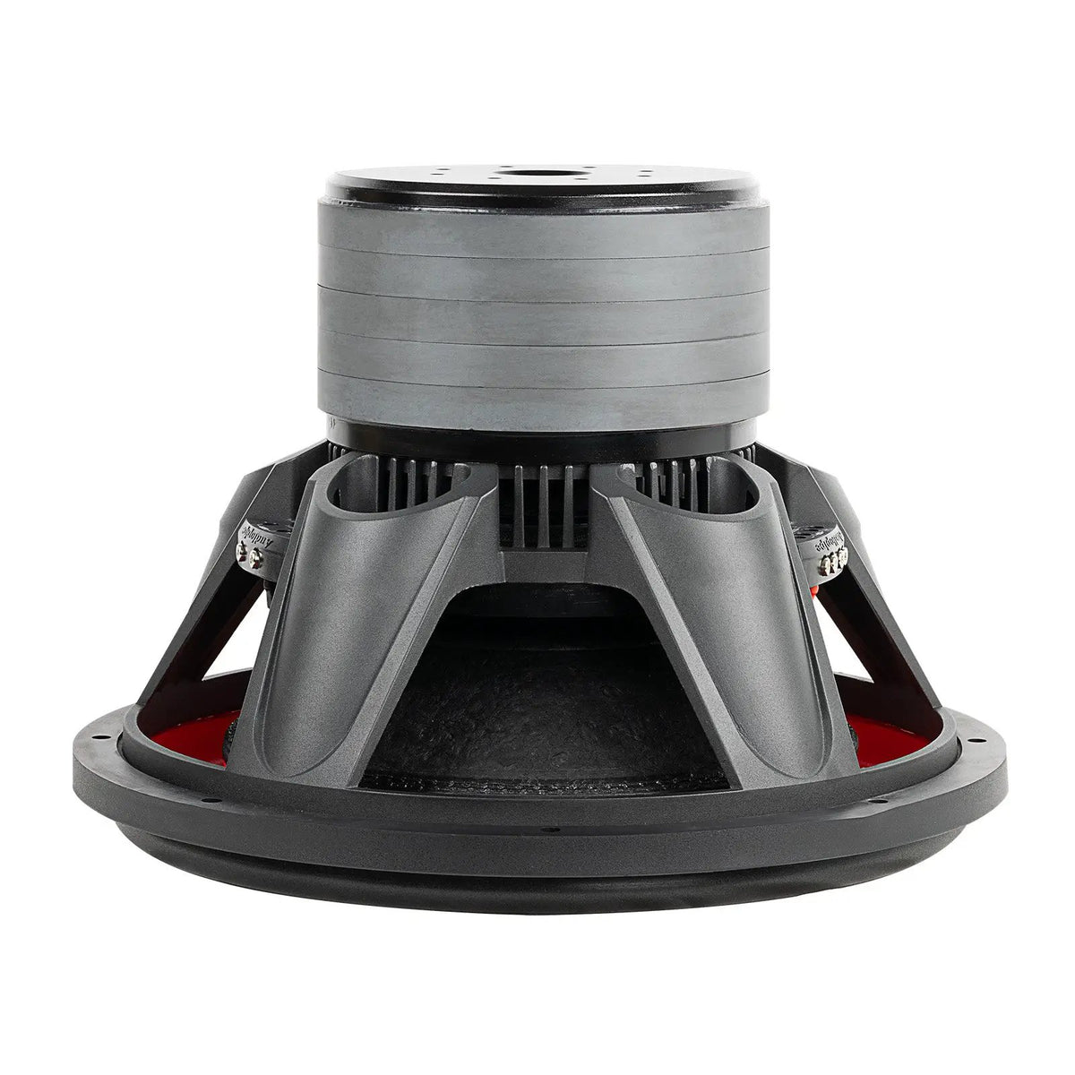 Inverted Audiopipe subwoofer showing its black basket and five stacked magnets