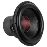 Angled front view of an Audiopipe subwoofer with a red AP logo, black cone and thick surround