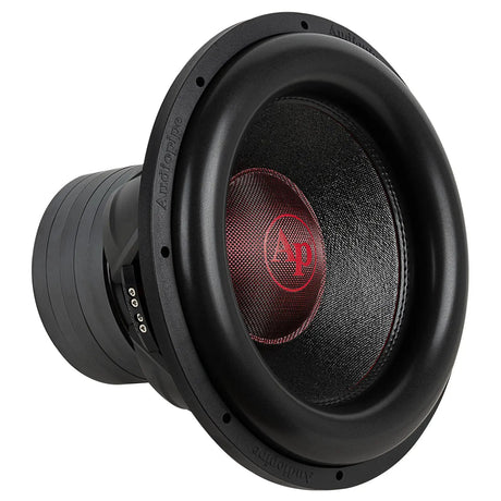 Angled front view of an Audiopipe subwoofer with a red AP logo, black cone and thick surround