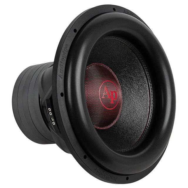 Angled front view of an Audiopipe subwoofer with a red AP logo, black cone and thick surround