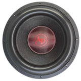 Audiopipe subwoofer with a black cone and red center logo, front view