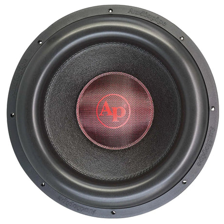 Audiopipe subwoofer with a black cone and red center logo, front view