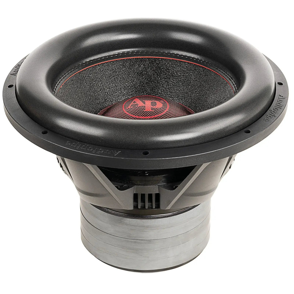 Audiopipe subwoofer with a red logo, broad black surround and stacked motor