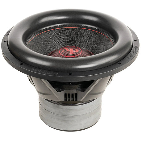 Audiopipe subwoofer with a red logo, broad black surround and stacked motor