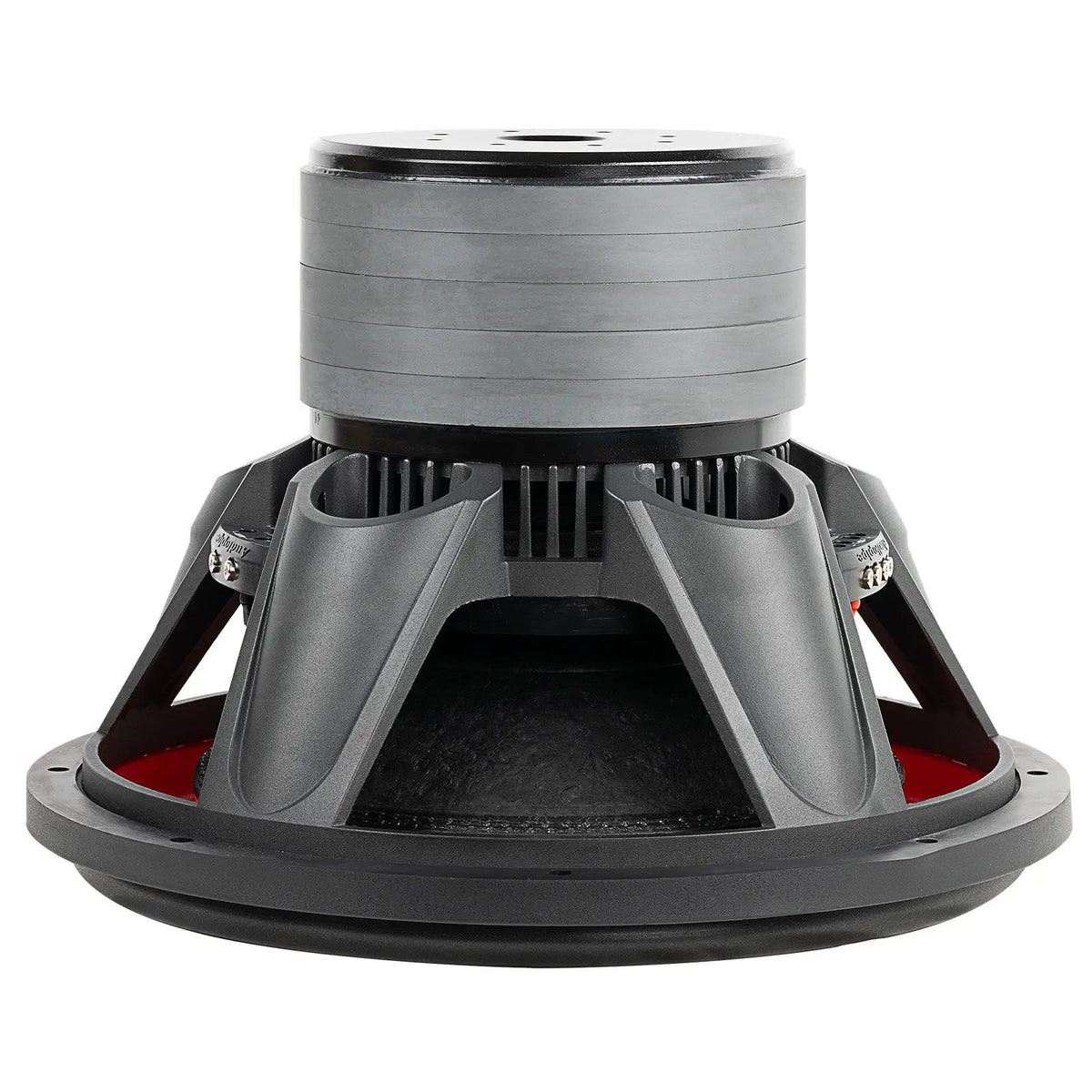 Inverted side view of an Audiopipe subwoofer with a stacked gray magnet, black basket and red inner rim