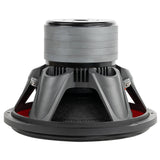 Inverted side view of an Audiopipe subwoofer with a stacked gray magnet, black basket and red inner rim