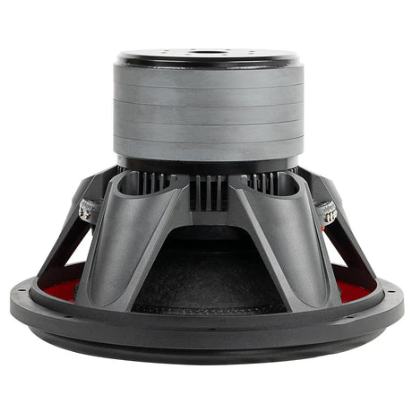 Inverted side view of an Audiopipe subwoofer with a stacked gray magnet, black basket and red inner rim
