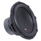 Audiopipe subwoofer with a black cone and small red badge, angled view