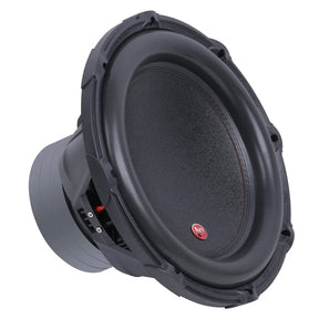 Audiopipe subwoofer with a black cone and small red badge, angled view