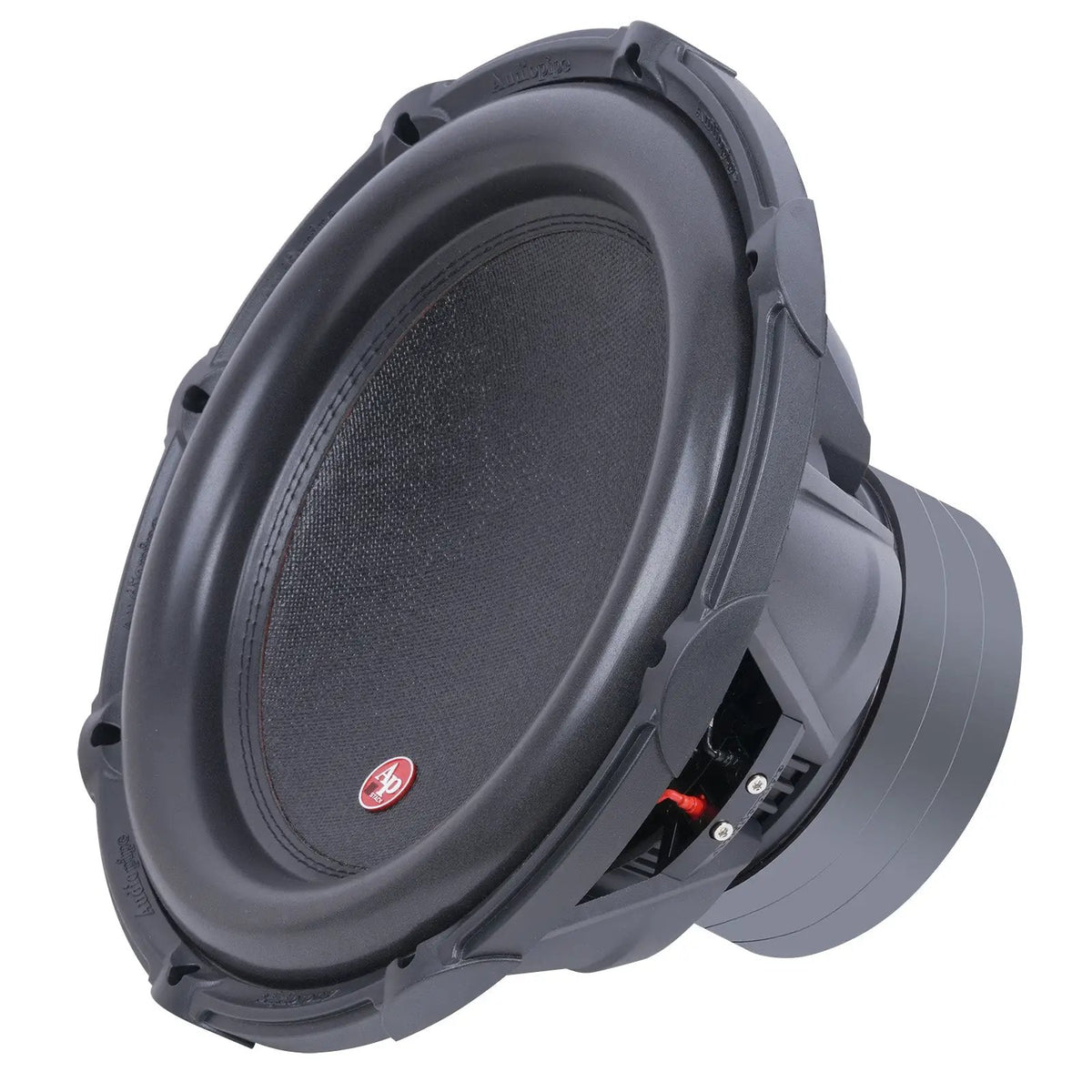 Angled front view of an Audiopipe subwoofer with black cone, small red badge and broad basket ribs