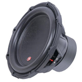 Angled front view of an Audiopipe subwoofer with black cone, small red badge and broad basket ribs