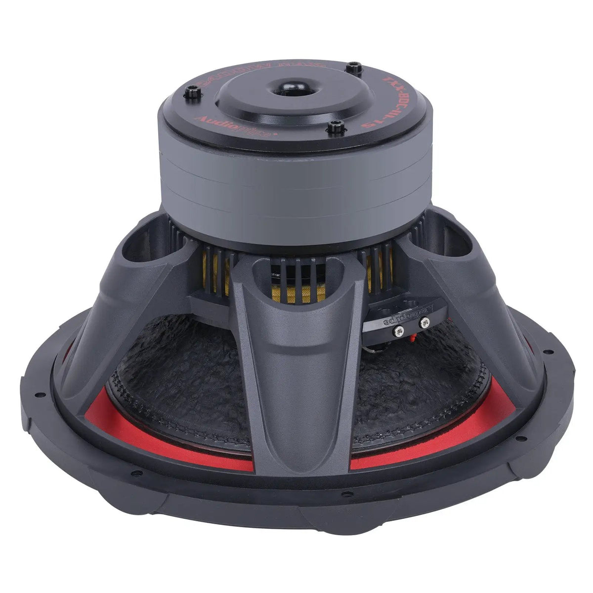 Rear-angled view of an Audiopipe subwoofer with broad basket ribs, terminals and stacked magnet