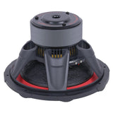 Rear-angled view of an Audiopipe subwoofer with broad basket ribs, terminals and stacked magnet